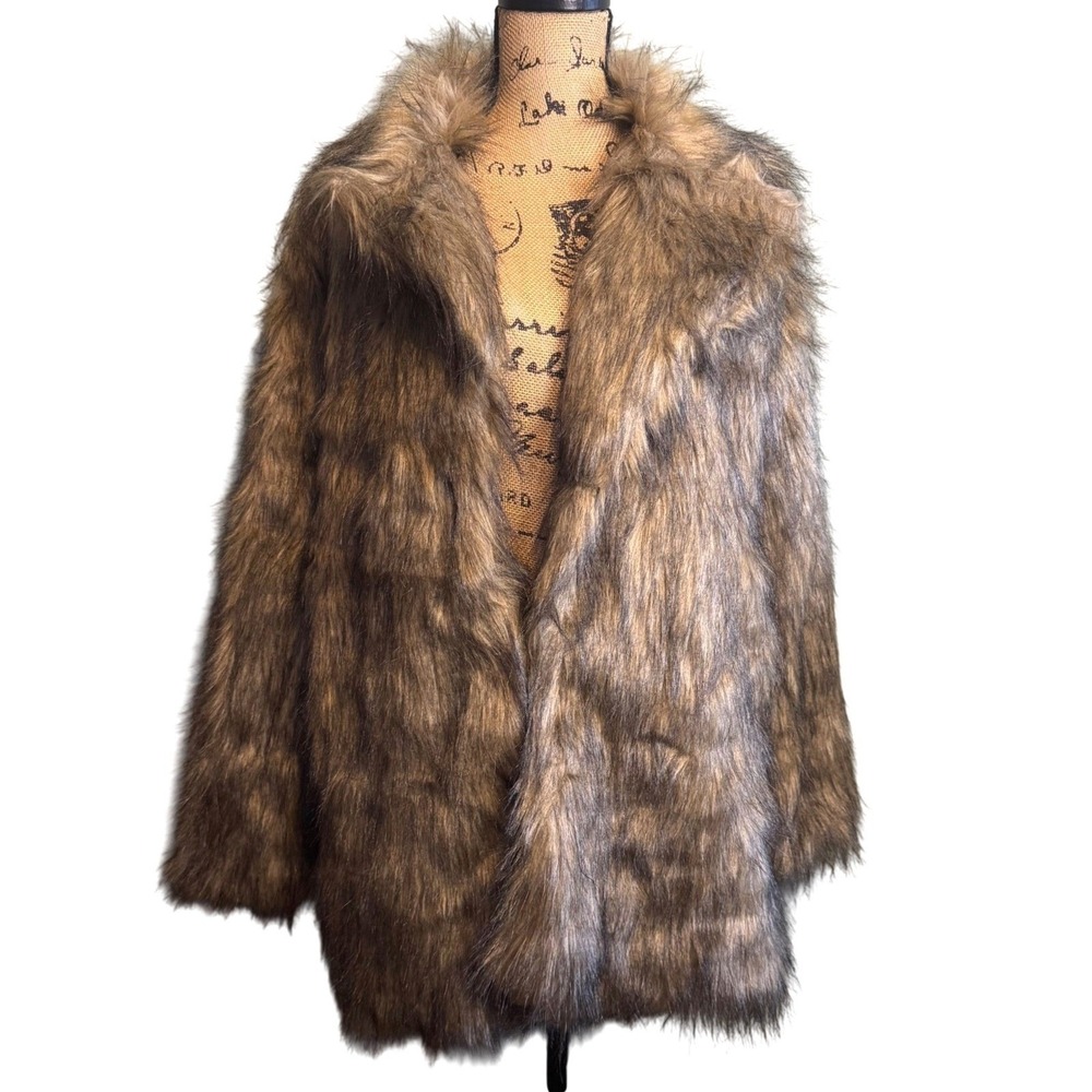 NWOT Womens Winter Cozy Warm Cabincore Rugged Shaggy Faux Fur Coat Large Brown